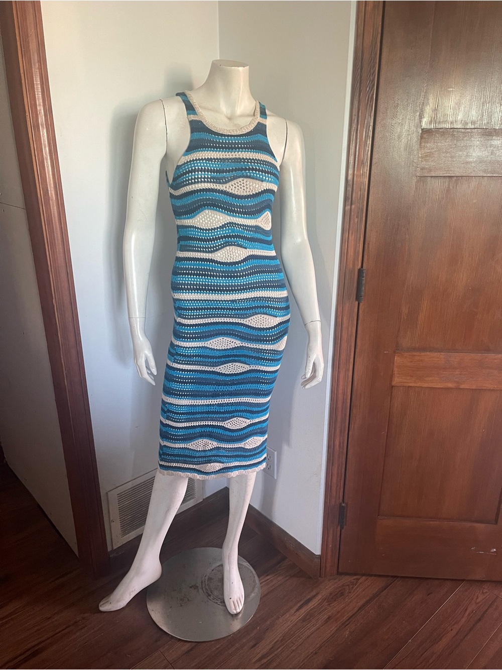 Lulu's Blue and Cream Wave-Stripe Sleeveless Knit Midi Dress